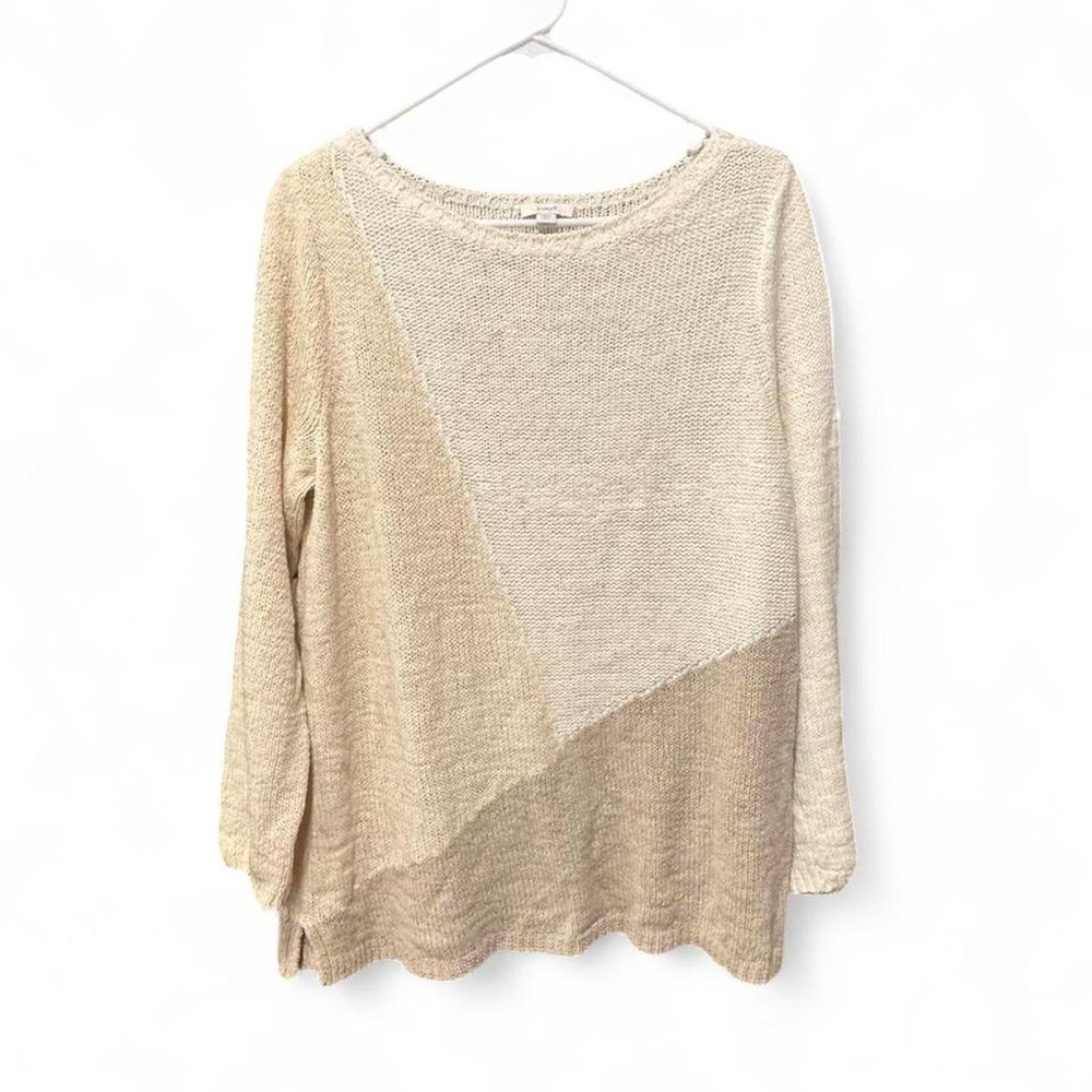 Pure Jill Sweater Large Petite Cream Tan Colorblock Lagenlook Cotton Blend